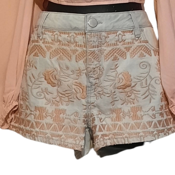 Vintage Y2K 90s Embroidered Shorts Jean Denim Peach Distressed Boho - Picture 2 of 4